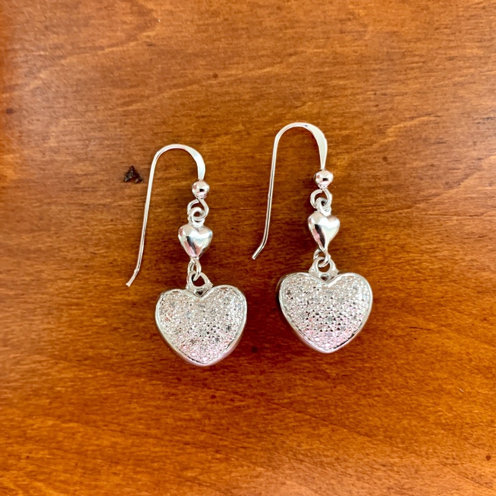 Diamond Sterling Silver Heart Dangle Earrings